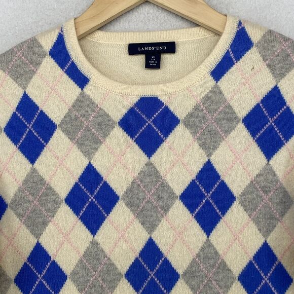 LANDS END Sweater Womens XS 2-4 Cashmere Argyle Long Sleeve Pullover Beige Blue - Picture 4 of 11